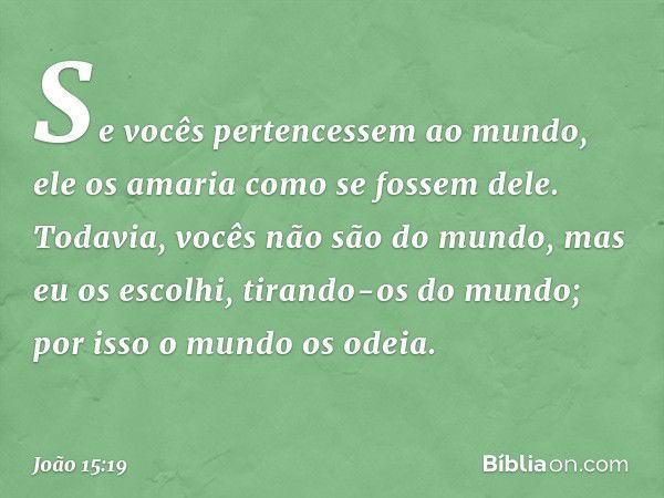 Se vocês pertencessem ao mundo, ele os amaria como se fossem dele. Todavia, vocês não são do mundo, mas eu os escolhi, tirando-os do mundo; por isso o mundo os 