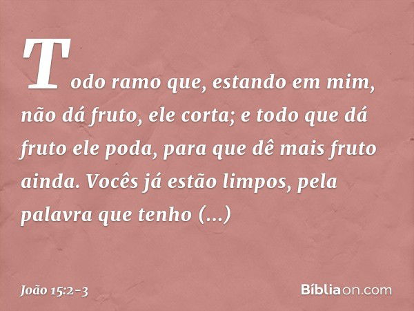 Todo ramo que, estando em mim, não dá fruto, ele corta; e todo que dá fruto ele poda, para que dê mais fruto ainda. Vocês já estão limpos, pela palavra que tenh