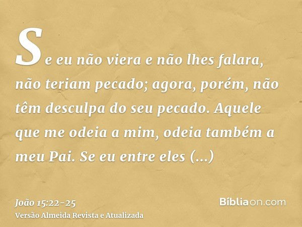 Se eu não viera e não lhes falara, não teriam pecado; agora, porém, não têm desculpa do seu pecado.Aquele que me odeia a mim, odeia também a meu Pai.Se eu entre