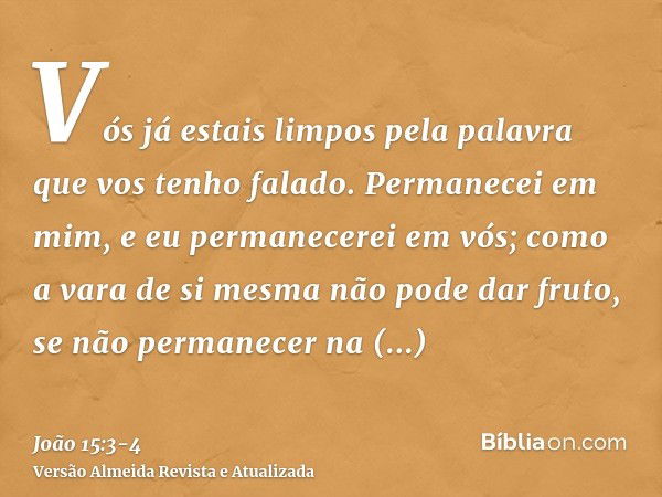 Vós já estais limpos pela palavra que vos tenho falado.Permanecei em mim, e eu permanecerei em vós; como a vara de si mesma não pode dar fruto, se não permanece