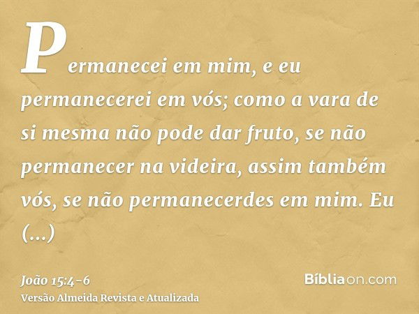 Permanecei em mim, e eu permanecerei em vós; como a vara de si mesma não pode dar fruto, se não permanecer na videira, assim também vós, se não permanecerdes em