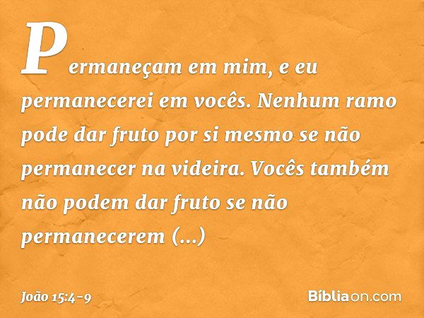 Permaneçam em mim, e eu permanecerei em vocês. Nenhum ramo pode dar fruto por si mesmo se não permanecer na videira. Vocês também não podem dar fruto se não per