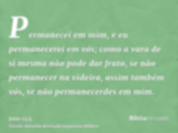 Permanecei em mim, e eu permanecerei em vós; como a vara de si mesma não pode dar fruto, se não permanecer na videira, assim também vós, se não permanecerdes em