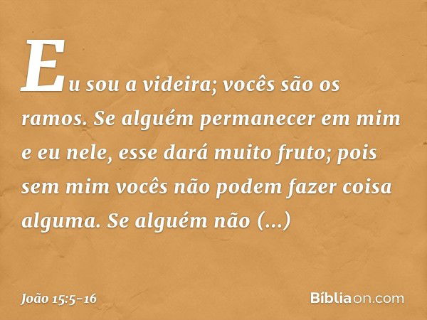 "Eu sou a videira; vocês são os ramos. Se alguém permanecer em mim e eu nele, esse dará muito fruto; pois sem mim vocês não podem fazer coisa alguma. Se alguém 