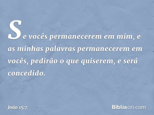 Se vocês permanecerem em mim, e as minhas palavras permanecerem em vocês, pedirão o que quiserem, e será concedido. -- João 15:7