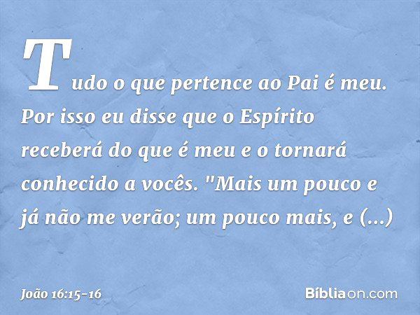 Tudo o que pertence ao Pai é meu. Por isso eu disse que o Espírito receberá do que é meu e o tornará conhecido a vocês. "Mais um pouco e já não me verão; um pou