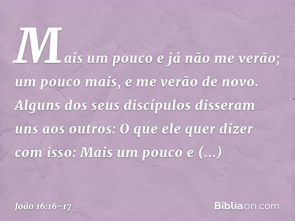 "Mais um pouco e já não me verão; um pouco mais, e me verão de novo". Alguns dos seus discípulos disseram uns aos outros: "O que ele quer dizer com isso: 'Mais 