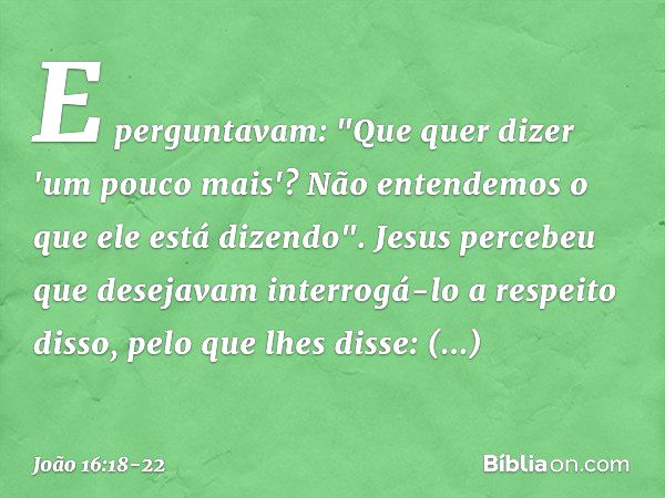 E perguntavam: "Que quer dizer 'um pouco mais'? Não entendemos o que ele está dizendo". Jesus percebeu que desejavam interrogá-lo a respeito disso, pelo que lhe