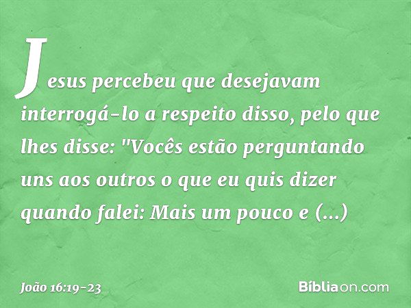 Jesus percebeu que desejavam interrogá-lo a respeito disso, pelo que lhes disse: "Vocês estão perguntando uns aos outros o que eu quis dizer quando falei: Mais 