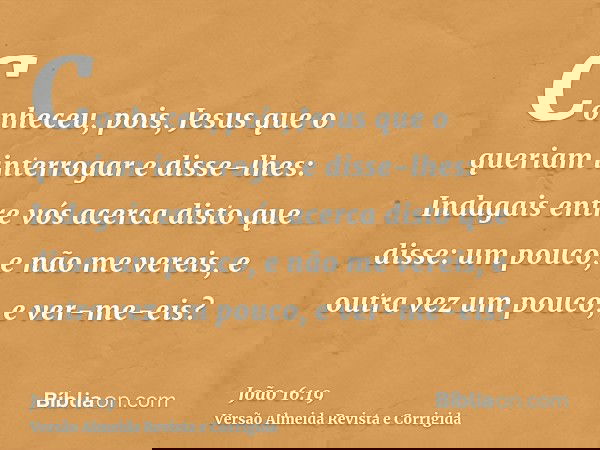 Conheceu, pois, Jesus que o queriam interrogar e disse-lhes: Indagais entre vós acerca disto que disse: um pouco, e não me vereis, e outra vez um pouco, e ver-m