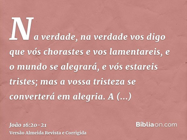 Na verdade, na verdade vos digo que vós chorastes e vos lamentareis, e o mundo se alegrará, e vós estareis tristes; mas a vossa tristeza se converterá em alegri