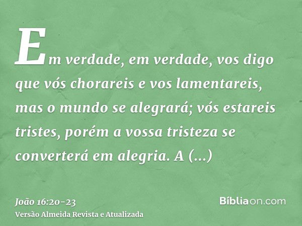 Em verdade, em verdade, vos digo que vós chorareis e vos lamentareis, mas o mundo se alegrará; vós estareis tristes, porém a vossa tristeza se converterá em ale