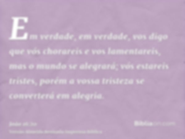 Em verdade, em verdade, vos digo que vós chorareis e vos lamentareis, mas o mundo se alegrará; vós estareis tristes, porém a vossa tristeza se converterá em ale