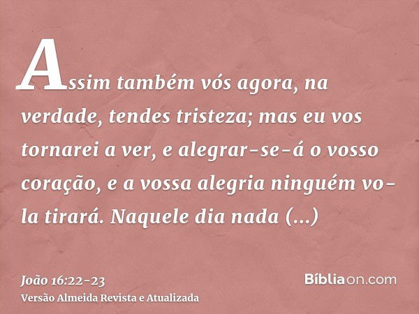 Assim também vós agora, na verdade, tendes tristeza; mas eu vos tornarei a ver, e alegrar-se-á o vosso coração, e a vossa alegria ninguém vo-la tirará.Naquele d