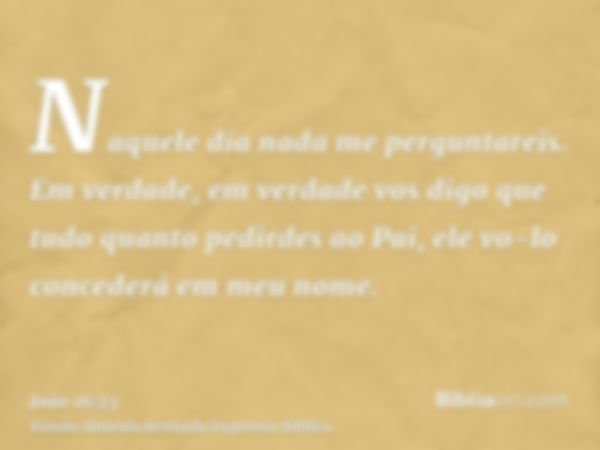 Naquele dia nada me perguntareis. Em verdade, em verdade vos digo que tudo quanto pedirdes ao Pai, ele vo-lo concederá em meu nome.