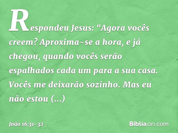 Respondeu Jesus: "Agora vocês creem? Aproxima-se a hora, e já chegou, quando vocês serão espalhados cada um para a sua casa. Vocês me deixarão sozinho. Mas eu n