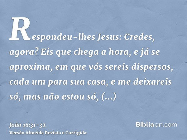 Respondeu-lhes Jesus: Credes, agora?Eis que chega a hora, e já se aproxima, em que vós sereis dispersos, cada um para sua casa, e me deixareis só, mas não estou