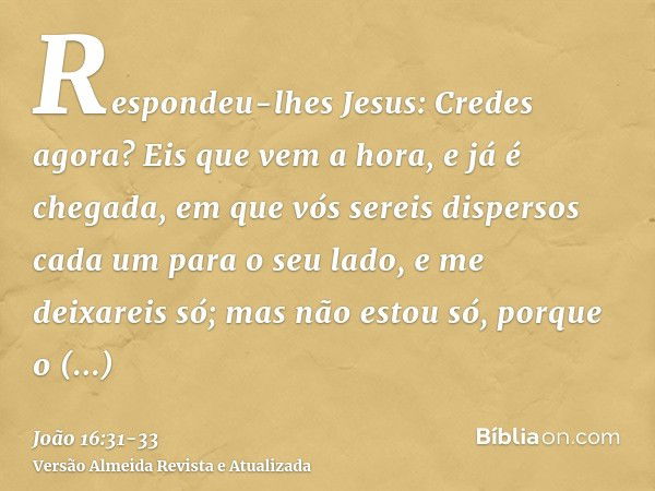 Respondeu-lhes Jesus: Credes agora?Eis que vem a hora, e já é chegada, em que vós sereis dispersos cada um para o seu lado, e me deixareis só; mas não estou só,