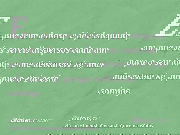 Eis que vem a hora, e já é chegada, em que vós sereis dispersos cada um para o seu lado, e me deixareis só; mas não estou só, porque o Pai está comigo.