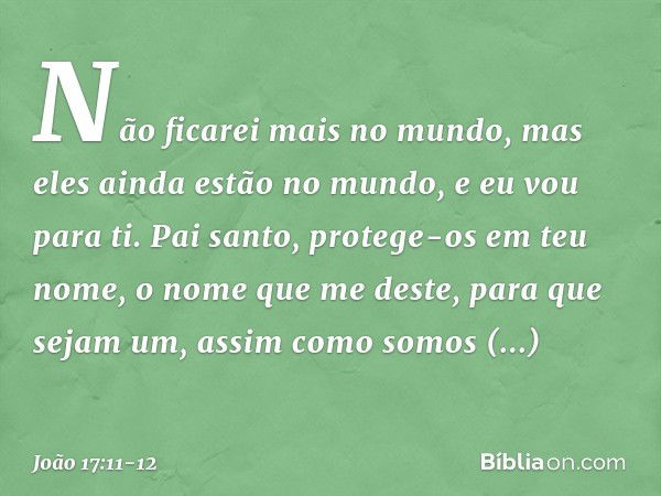 Não ficarei mais no mundo, mas eles ainda estão no mundo, e eu vou para ti. Pai santo, protege-os em teu nome, o nome que me deste, para que sejam um, assim com