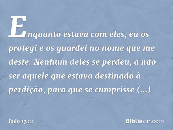 Enquanto estava com eles, eu os protegi e os guardei no nome que me deste. Nenhum deles se perdeu, a não ser aquele que estava destinado à perdição, para que se