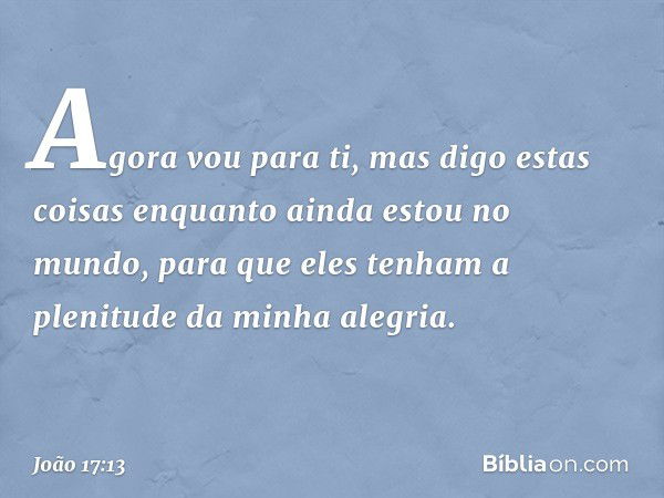 "Agora vou para ti, mas digo estas coisas enquanto ainda estou no mundo, para que eles tenham a plenitude da minha alegria. -- João 17:13