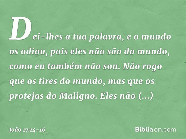 Dei-lhes a tua palavra, e o mundo os odiou, pois eles não são do mundo, como eu também não sou. Não rogo que os tires do mundo, mas que os protejas do Maligno. 