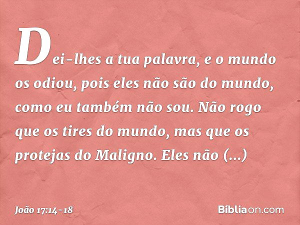 Dei-lhes a tua palavra, e o mundo os odiou, pois eles não são do mundo, como eu também não sou. Não rogo que os tires do mundo, mas que os protejas do Maligno. 