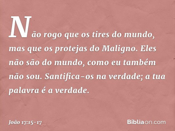 Não rogo que os tires do mundo, mas que os protejas do Maligno. Eles não são do mundo, como eu também não sou. Santifica-os na verdade; a tua palavra é a verdad