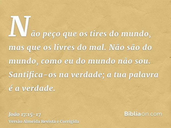 Não peço que os tires do mundo, mas que os livres do mal.Não são do mundo, como eu do mundo não sou.Santifica-os na verdade; a tua palavra é a verdade.