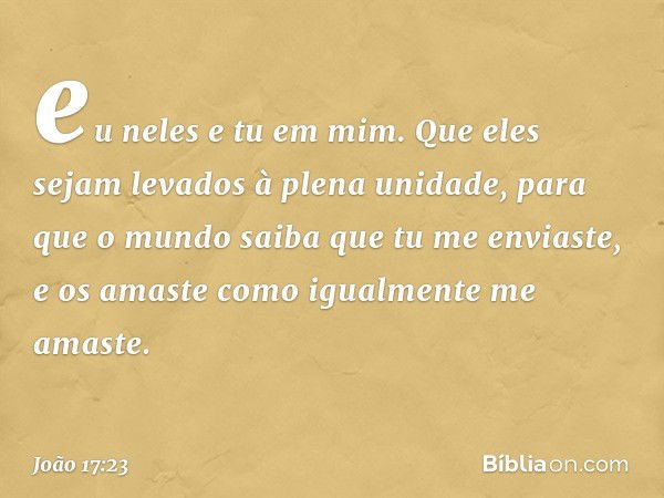 eu neles e tu em mim. Que eles sejam levados à plena unidade, para que o mundo saiba que tu me enviaste, e os amaste como igualmente me amaste. -- João 17:23