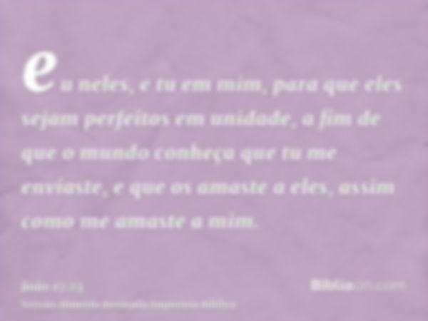 eu neles, e tu em mim, para que eles sejam perfeitos em unidade, a fim de que o mundo conheça que tu me enviaste, e que os amaste a eles, assim como me amaste a