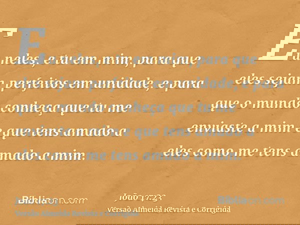 Eu neles, e tu em mim, para que eles sejam perfeitos em unidade, e para que o mundo conheça que tu me enviaste a mim e que tens amado a eles como me tens amado