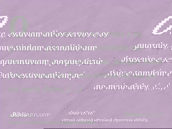 Ora, estavam ali os servos e os guardas, que tinham acendido um braseiro e se aquentavam, porque fazia frio; e também Pedro estava ali em pé no meio deles, aque