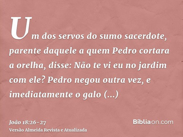 Um dos servos do sumo sacerdote, parente daquele a quem Pedro cortara a orelha, disse: Não te vi eu no jardim com ele?Pedro negou outra vez, e imediatamente o g