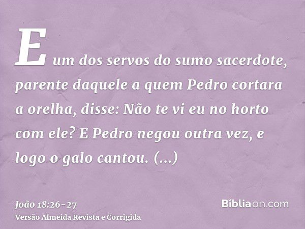 E um dos servos do sumo sacerdote, parente daquele a quem Pedro cortara a orelha, disse: Não te vi eu no horto com ele?E Pedro negou outra vez, e logo o galo ca