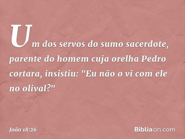 Um dos servos do sumo sacerdote, parente do homem cuja orelha Pedro cortara, insistiu: "Eu não o vi com ele no olival?" -- João 18:26