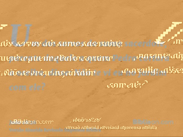 Um dos servos do sumo sacerdote, parente daquele a quem Pedro cortara a orelha, disse: Não te vi eu no jardim com ele?