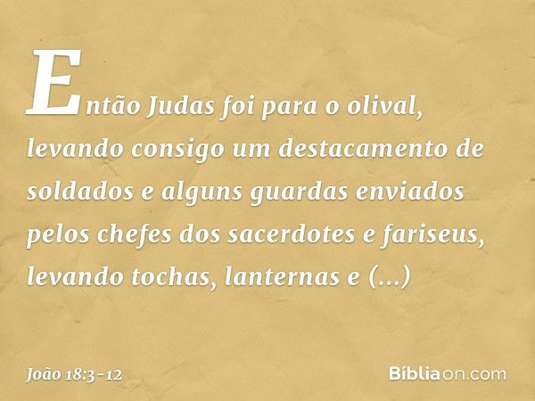 Então Judas foi para o olival, levando consigo um destacamento de soldados e alguns guardas enviados pelos chefes dos sacerdotes e fariseus, levando tochas, lan