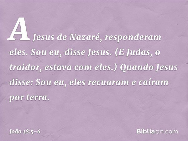 "A Jesus de Nazaré", responderam eles.
"Sou eu", disse Jesus.
(E Judas, o traidor, estava com eles.) Quando Jesus disse: "Sou eu", eles recuaram e caíram por te