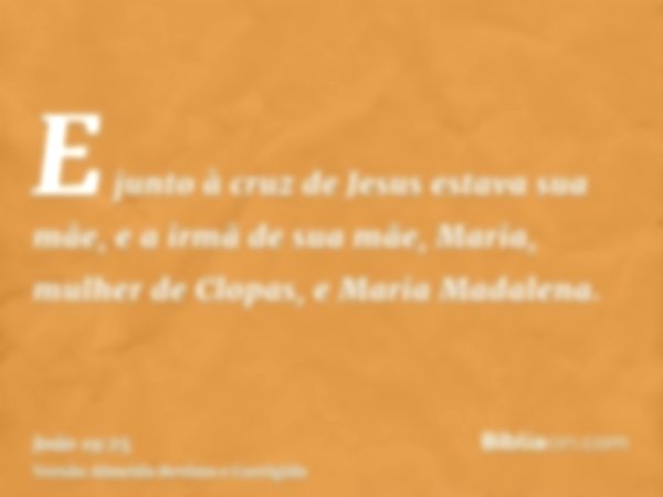 E junto à cruz de Jesus estava sua mãe, e a irmã de sua mãe, Maria, mulher de Clopas, e Maria Madalena.