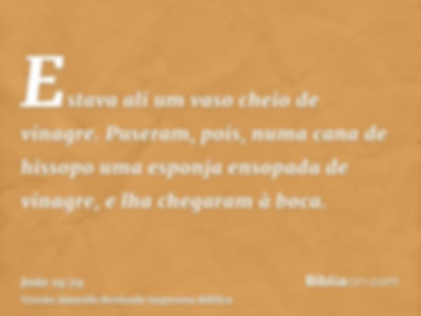 Estava ali um vaso cheio de vinagre. Puseram, pois, numa cana de hissopo uma esponja ensopada de vinagre, e lha chegaram à boca.