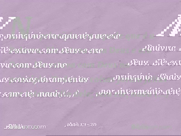 No princípio era aquele que é a Palavra. Ele estava com Deus e era Deus. Ele estava com Deus no princípio. Todas as coisas foram feitas por intermédio dele; sem