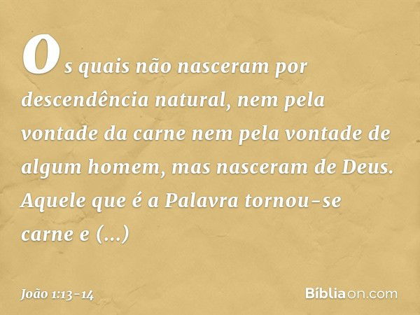 os quais não nasceram por descendência natural, nem pela vontade da carne nem pela vontade de algum homem, mas nasceram de Deus. Aquele que é a Palavra tornou-s