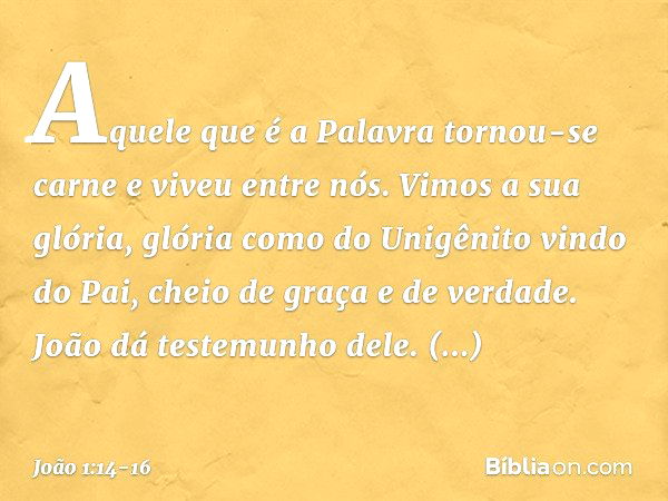 Aquele que é a Palavra tornou-se carne e viveu entre nós. Vimos a sua glória, glória como do Unigênito vindo do Pai, cheio de graça e de verdade. João dá testem