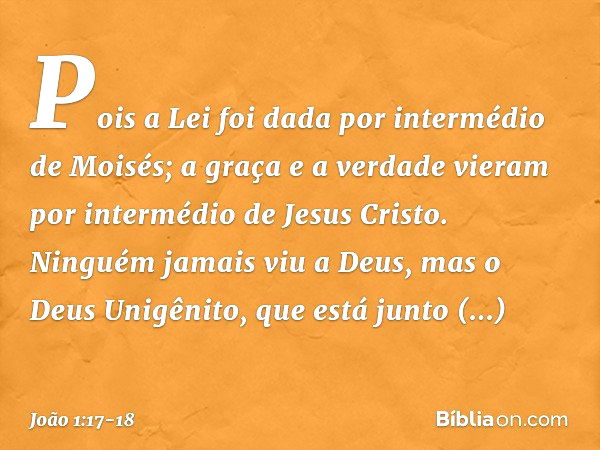 Pois a Lei foi dada por intermédio de Moisés; a graça e a verdade vieram por intermédio de Jesus Cristo. Ninguém jamais viu a Deus, mas o Deus Unigênito, que es