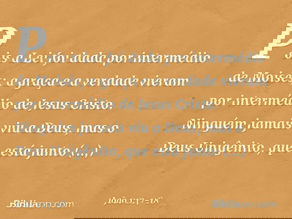 Pois a Lei foi dada por intermédio de Moisés; a graça e a verdade vieram por intermédio de Jesus Cristo. Ninguém jamais viu a Deus, mas o Deus Unigênito, que es