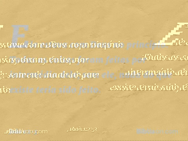 Ele estava com Deus no princípio. Todas as coisas foram feitas por intermédio dele; sem ele, nada do que existe teria sido feito. -- João 1:2-3
