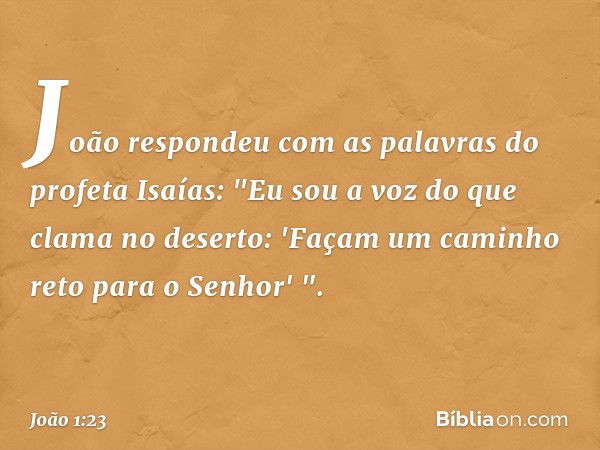 João respondeu com as palavras do profeta Isaías: "Eu sou a voz do que clama no deserto: 'Façam um caminho reto para o Senhor' ". -- João 1:23