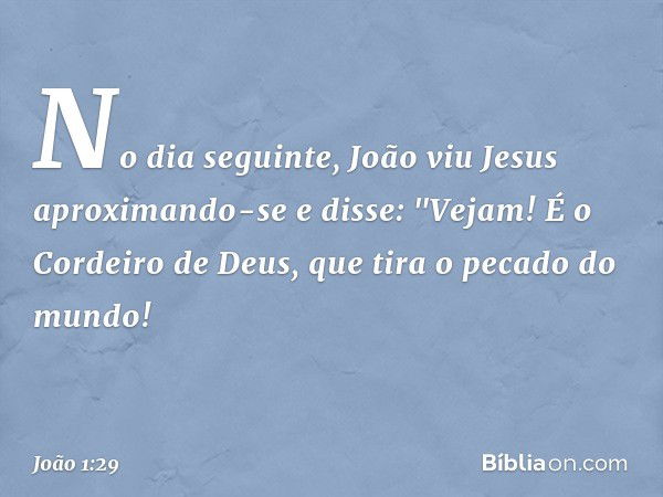 No dia seguinte, João viu Jesus aproximando-se e disse: "Vejam! É o Cordeiro de Deus, que tira o pecado do mundo! -- João 1:29